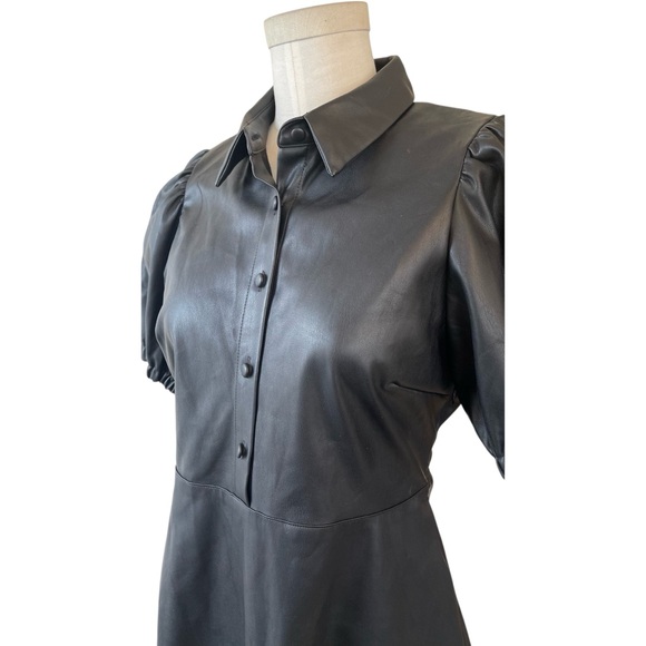 ❤️ NWT! Zara Black Faux Leather Mini Shirt Dress with Puff Sleeves - Picture 3 of 9